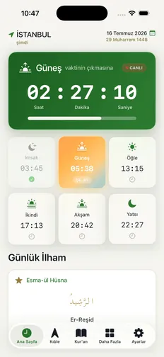 Tevazu Ana Sayfa: İstanbul için sıradaki vakte geri sayım, günün altı vakti ve Günlük İlham kartı