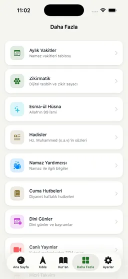 Tevazu Daha Fazla ekranı: Hadisler, Esmâü'l-Hüsnâ ve diğer modüller