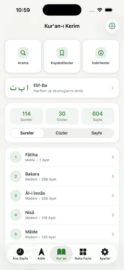 Tevazu Kur'an ekranı: sureler, cüzler ve sayfalar