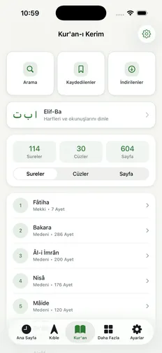 Tevazu Kur'an ekranı: sureler, cüzler ve sayfalar