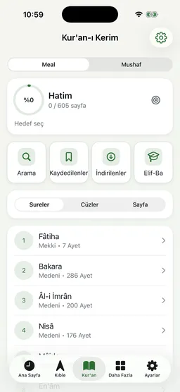Tevazu Kur'an ekranı: hatim takibi, sureler, cüzler ve sayfalar