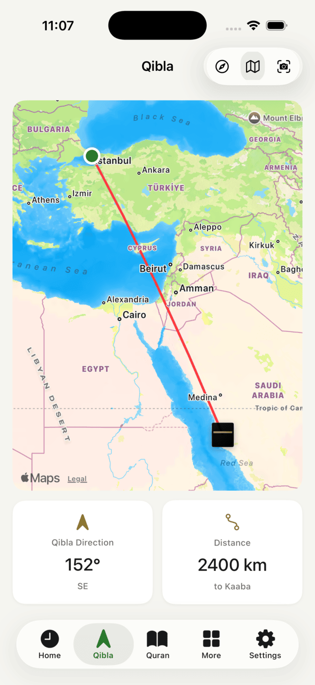 Tevazu Qibla screen — bearing to Makkah on the map