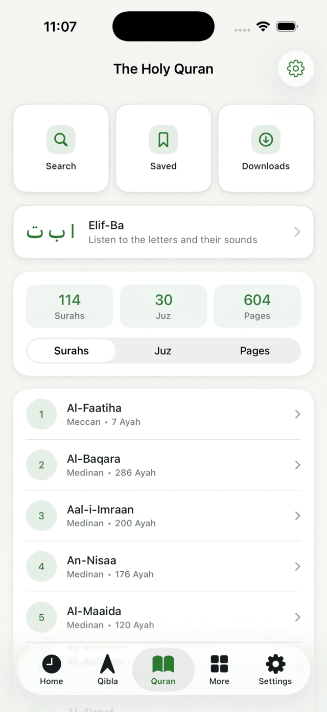 Tevazu Quran screen — surah list