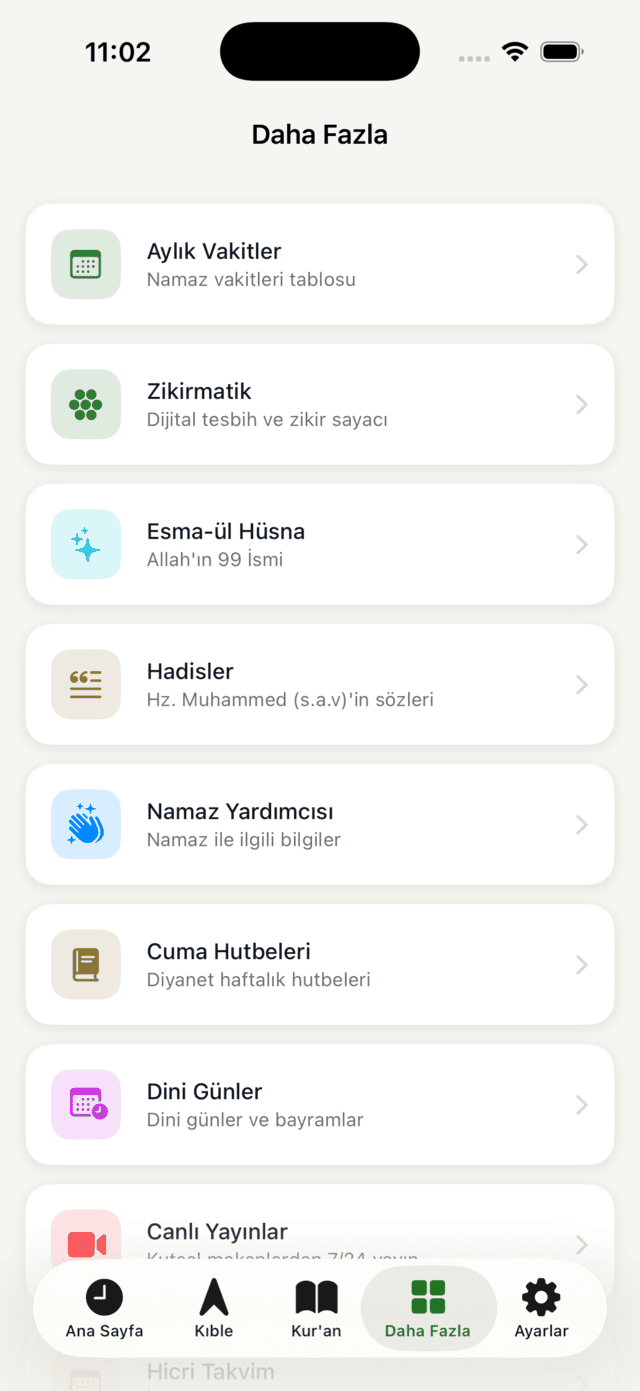 Tevazu Daha Fazla menüsü — imsakiye, hutbeler, canlı yayınlar