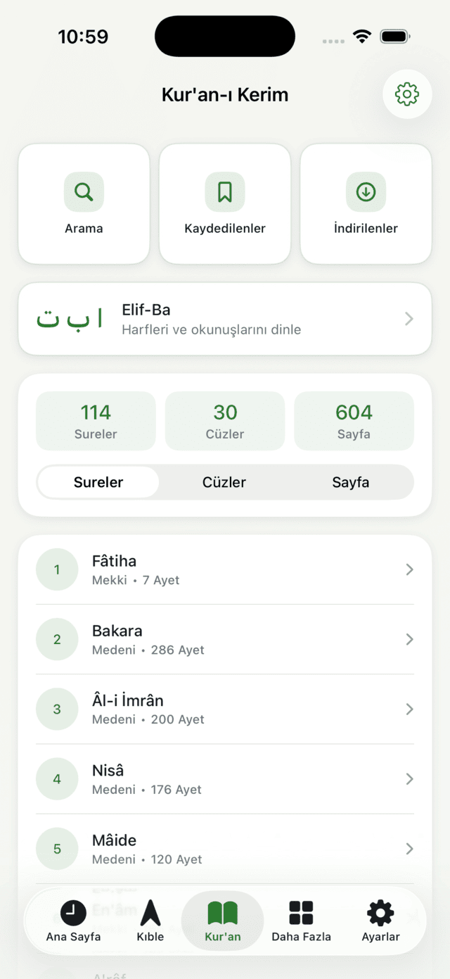 Tevazu Kur'an ekranı — sure listesi